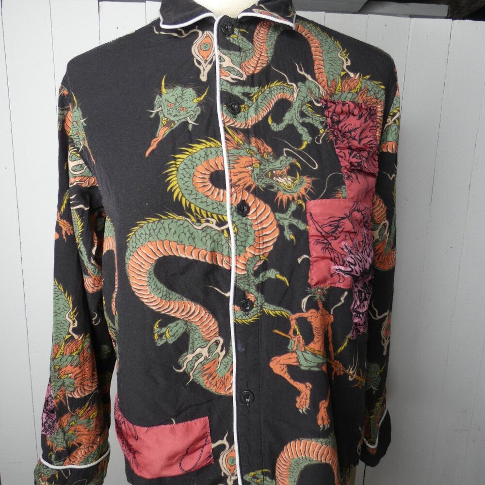 Drop Dead Women's S Bamboozled Asian Dragon Print Pajama Top 100% Bamboo Patch